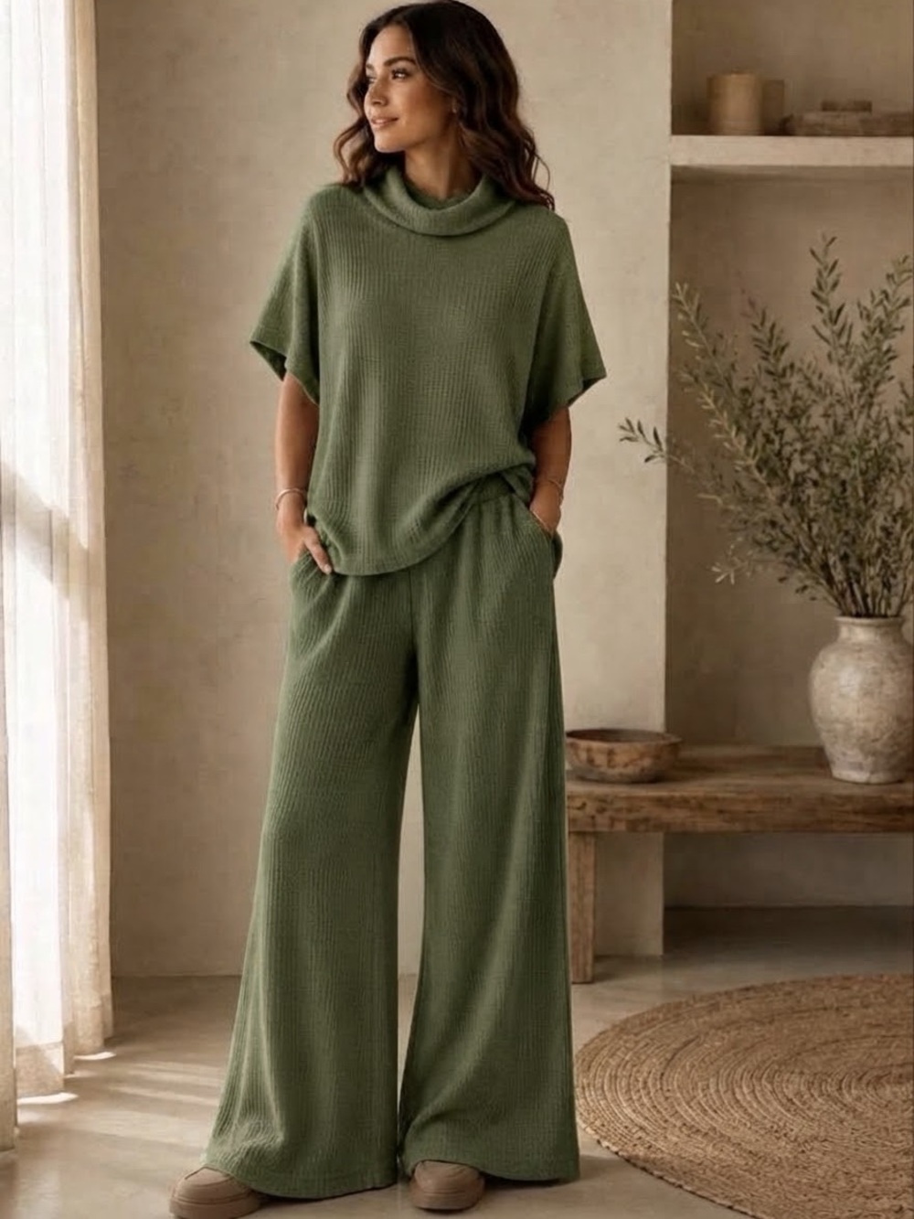 Relaxed Olive Cowl Neck Ribbed Sweater